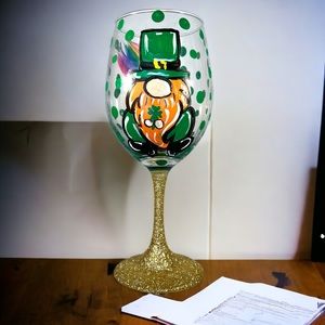 St Paddy’s Day Gnome With Pot Of Gold With Rainbow Hand Painted Wine Glass
